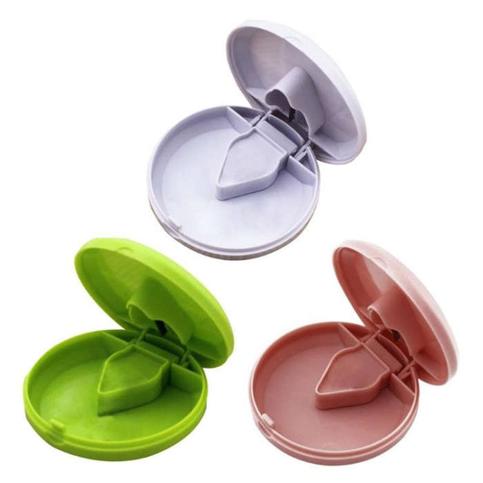 Round Medicine Cutter Stainless Steel Blade Plastic Medicine Dispensing Box(Pink)