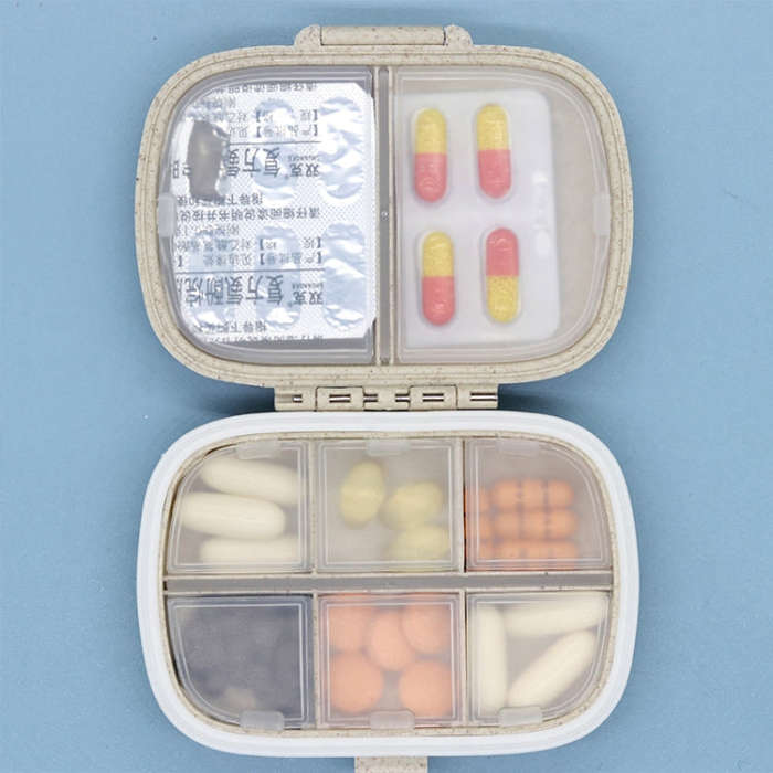 3 PCS 8-Grid Double-layer Portable Mini Straw Pill Storage Box(Wheat Beige)