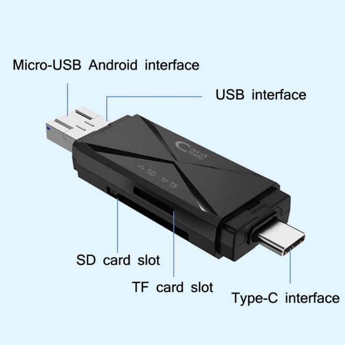 YH-109 SD/TF/Type-C/Micro USB/USB Computer PC Mobile Phone OTG Card Reader(Black)