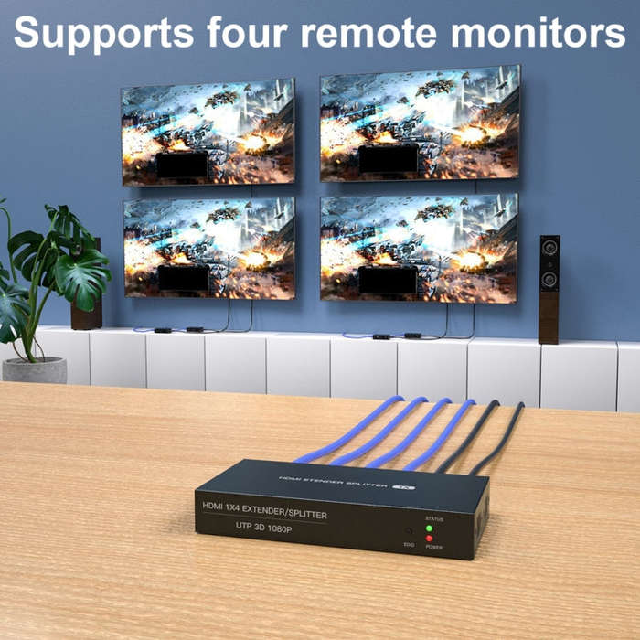 60m 1x4 HDMI Splitter POC Distribution Extender Supports 1080P@60Hz, Plug: EU Plug