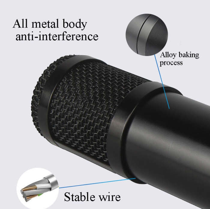 BM800 Condenser Microphone Set With USB Sound Card(Black And  Golden Net)