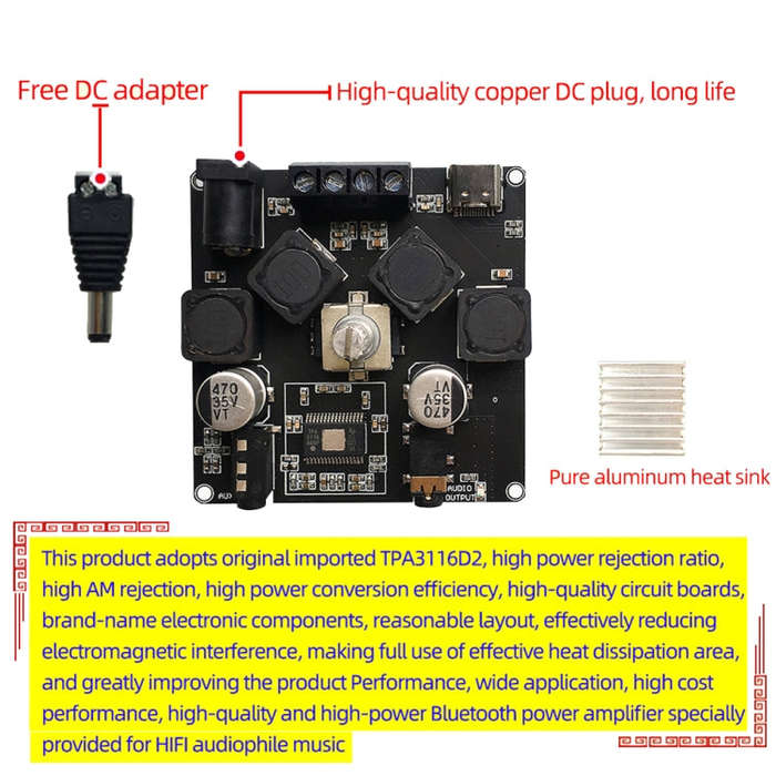 Sinilink AP50H HiFi 2.0 Stereo Bluetooth Digital TPA3116D2 Power Amplifier Board(PCB)