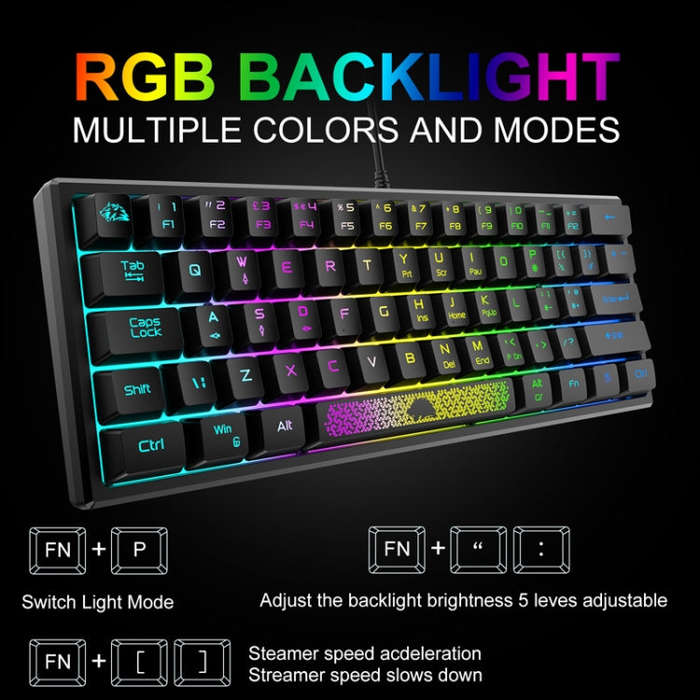 ZIYOU LANG K61 62 Keys RGB Lighting Mini Gaming Wired Keyboard, Cable Length:1.5m(Black)