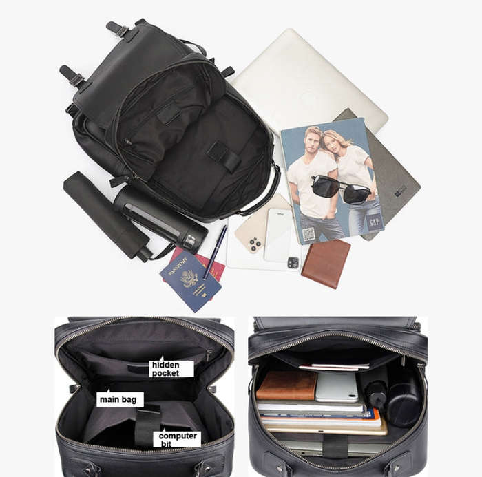 Casual Business Cowhide Leather Backpack Laptop Bag For Men(Black)
