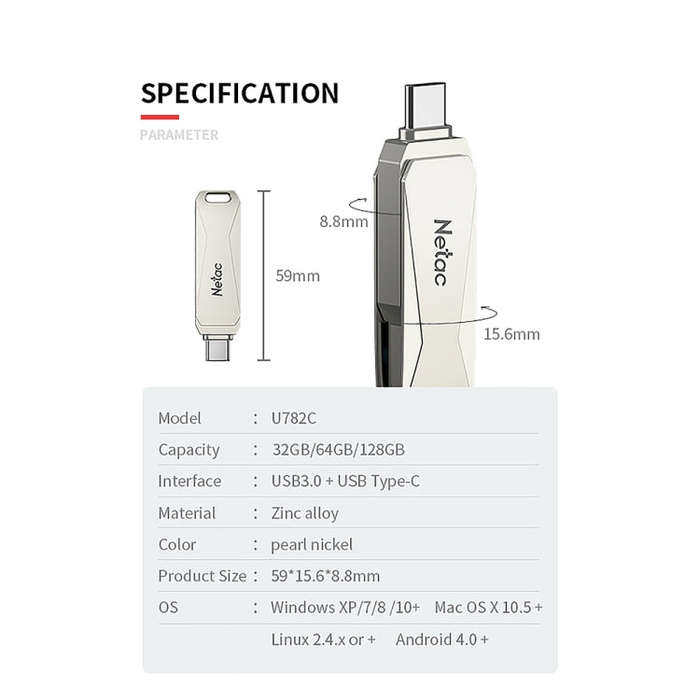 Netac U782C Type-C Dual Interface High-Speed Metal Computer USB Flash Drive, Capacity: 64GB
