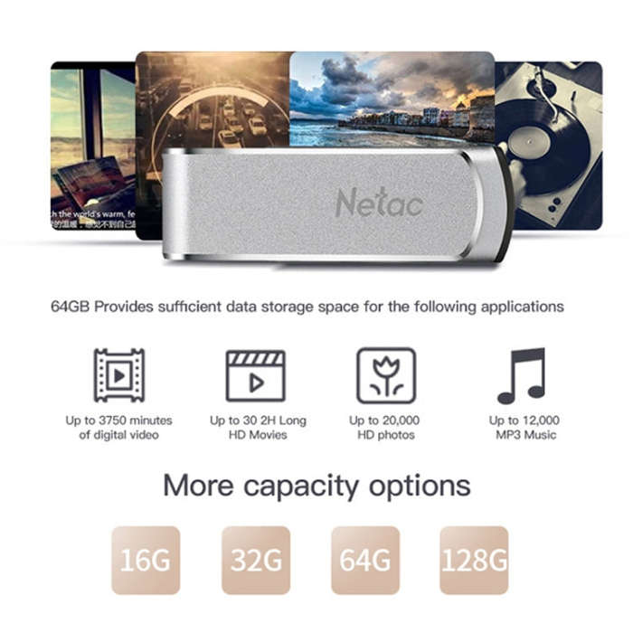 Netac U388 High Speed USB3.0 Metal Rotating Car Computer U Disk, Capacity: 128GB