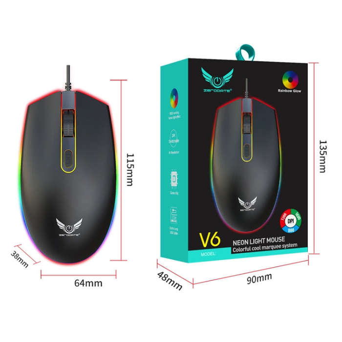 Zerodate V6 4 Keys 1600DPI Game Colorful RGB Marquee USB Wired Mouse, Cable Length: 1.35m(Black)