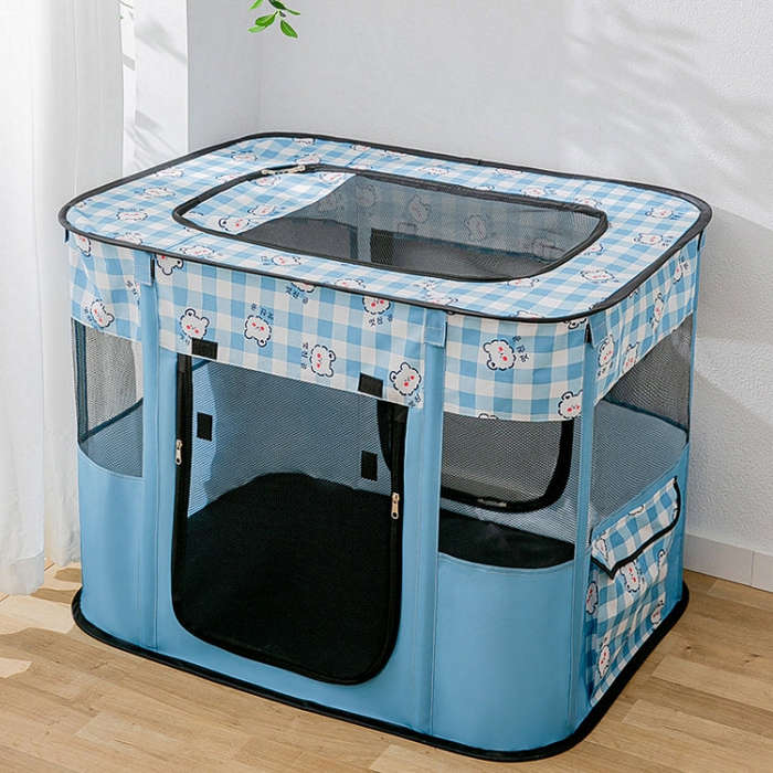 Rectangular Foldable Pet Fence Dog and Cat Litter Pet Delivery Room XL(Blue Panda)