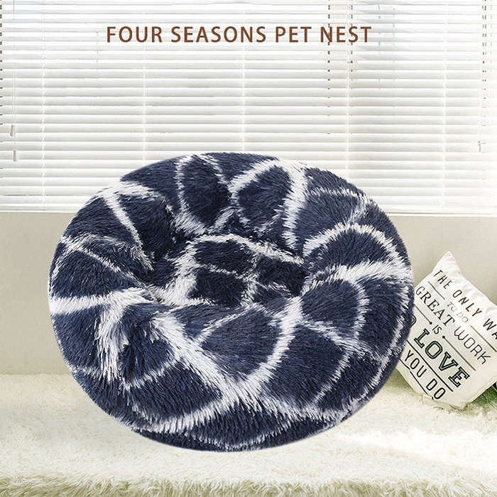 Long-haired Round Pet Kennel Warm Pet Bed, Specification: 50cm(Dark Blue)