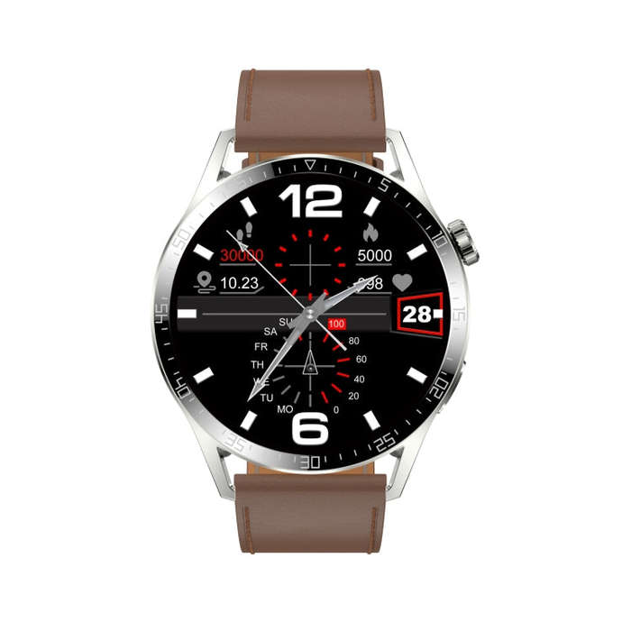 Sports Health Monitoring Waterproof Smart Call Watch With NFC Function, Color: Silver-Brown Leath...