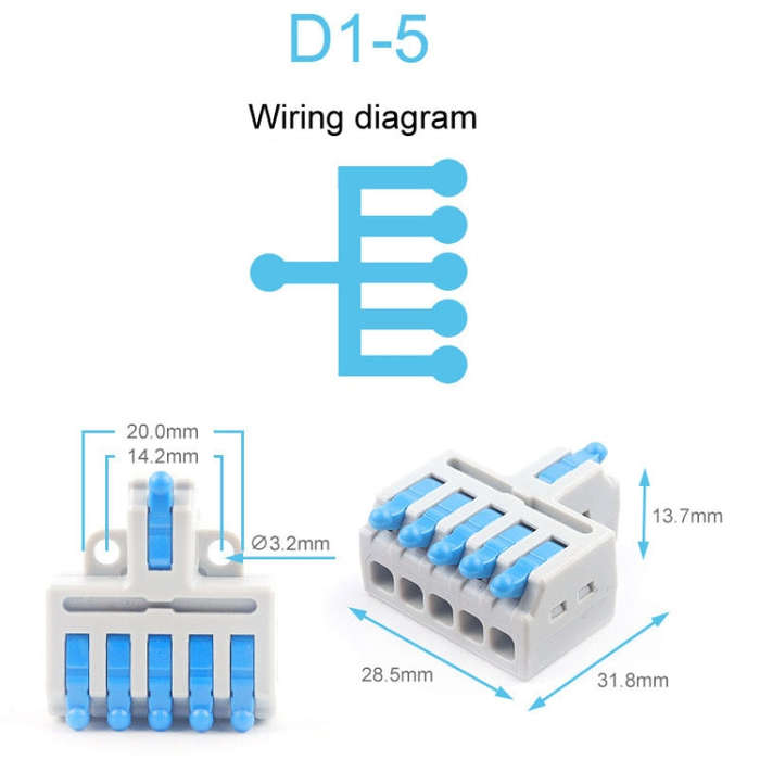5pcs D1-5 Push Type Mini Wire Connection Splitter Quick Connect Terminal Block(Blue)