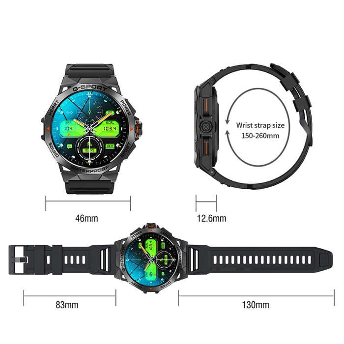 K62 1.43 Inch Waterproof Bluetooth Call Weather Music Smart Sports Watch, Color: Black Leather
