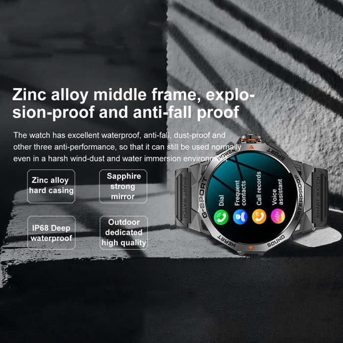 K62 1.43 Inch Waterproof Bluetooth Call Weather Music Smart Sports Watch, Color: Black Leather