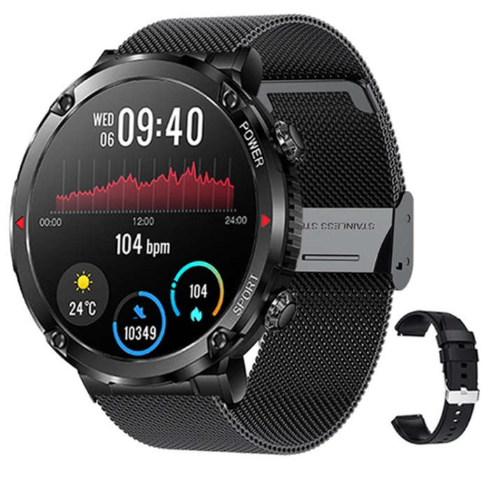 T30 1.6-inch Outdoor Sports Waterproof Smart Music Bluetooth Call Watch, Color: Black Net+Silicone