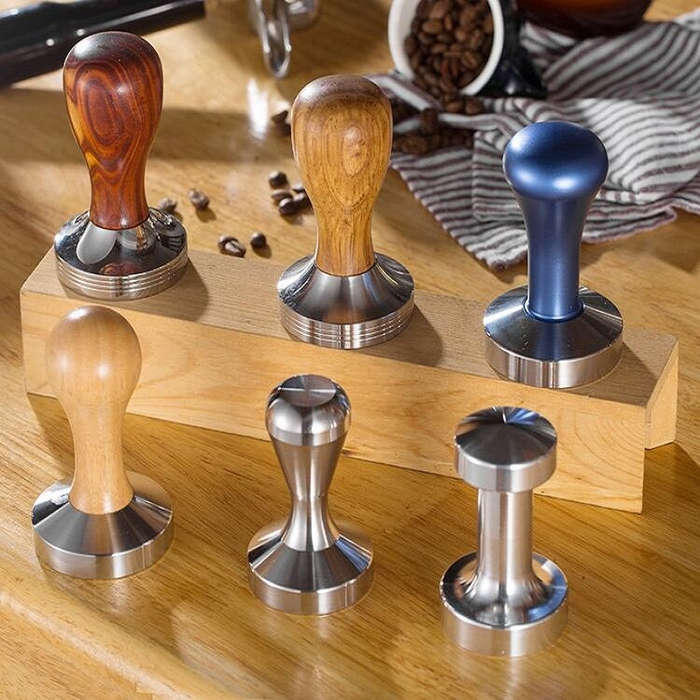 Stainless Steel Solid Wood Handle Integrated Coffee Powder, Specification:58mm, Color:Stainless S...