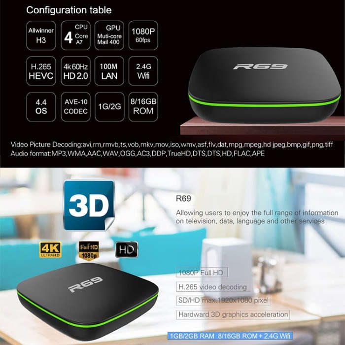 R69 1080P HD Smart TV BOX Android 4.4 Media Player with Remote Control, Quad Core Allwinner H3, R...