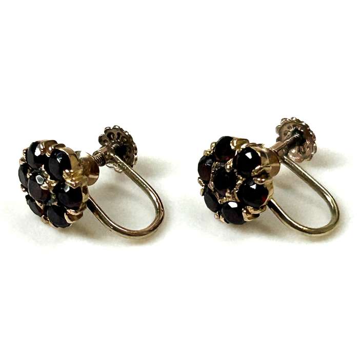 Vintage 9ct Gold and Garnet Floriate Screw-on Earrings