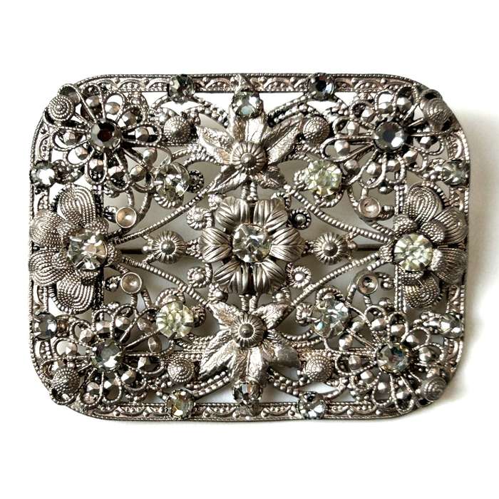 Antique White Metal and Gem Flower Brooch