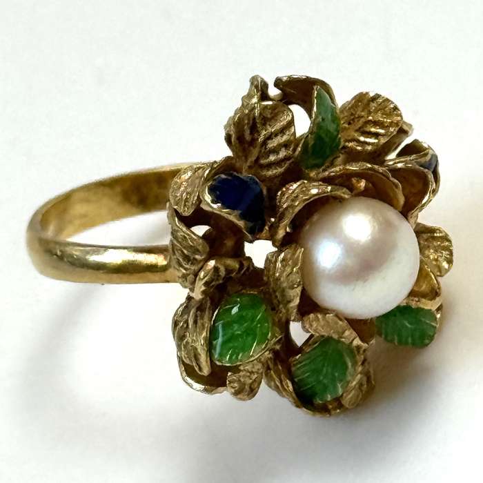 Vintage 18ct Yellow Gold, Pearl and Enamel Dress Ring