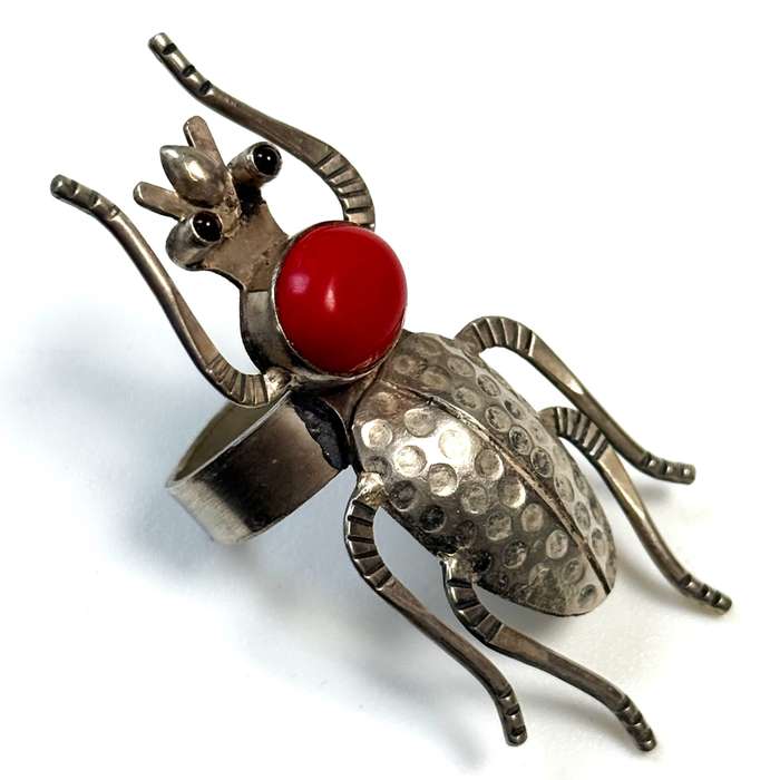 Large Vintage Sterling Silver, Coral and Ruby Insect Ring