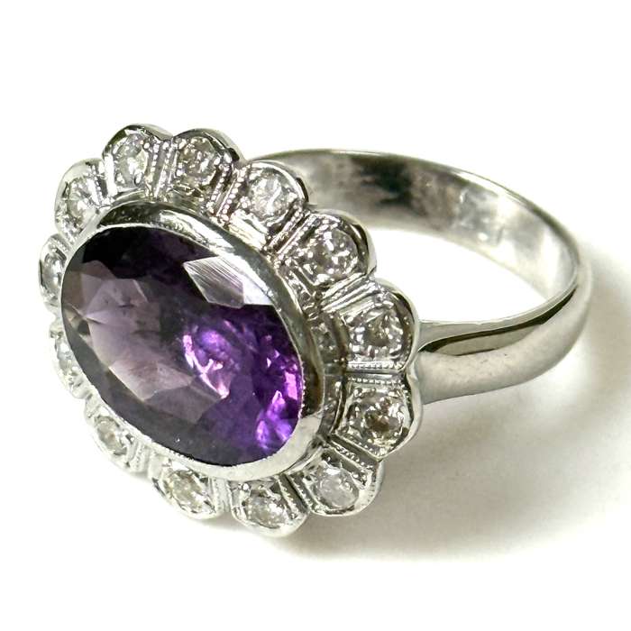 14ct White Gold, Amethyst and Diamond Dress Ring