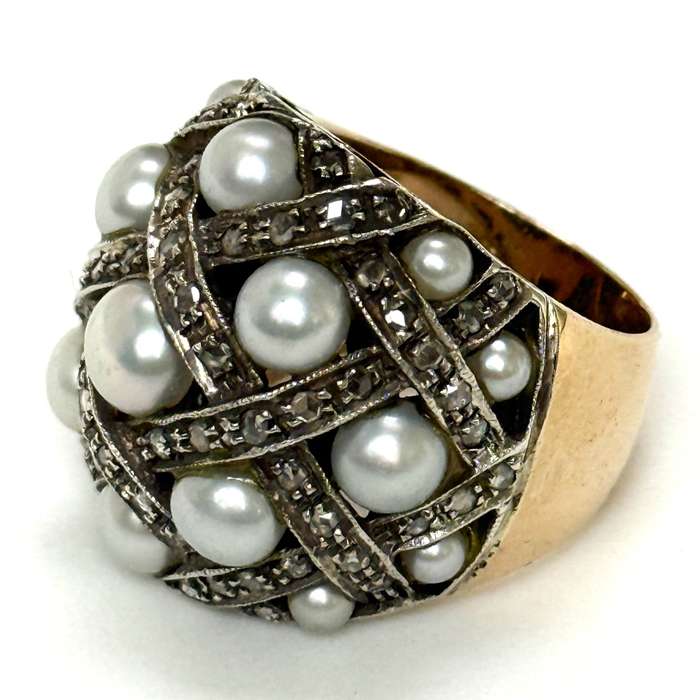 14ct Yellow and White Gold, Pearl and Diamond Bombe Dress Ring