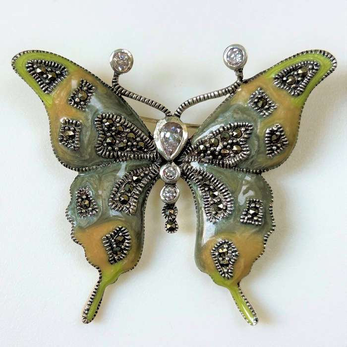 Enamelled Silver, Marcasite and Crystal Butterfly Brooch