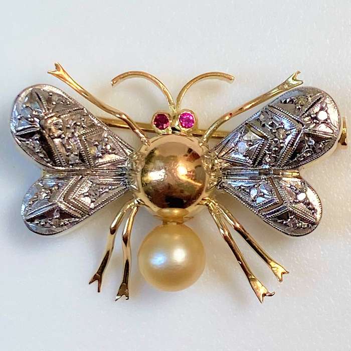 Gold and Palladium, Diamond, Pearl and Ruby Insect Brooch