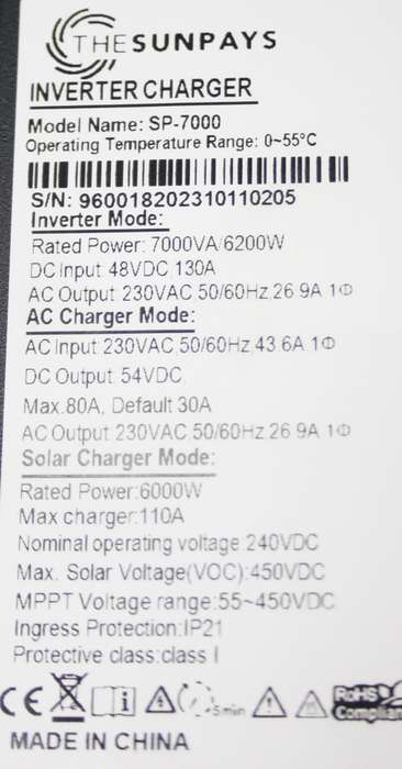 Solar Inverter - 6.2kW 7kVA High Voltage, 48V,  Pure Sine wave Inverter, Stand alone ONLY