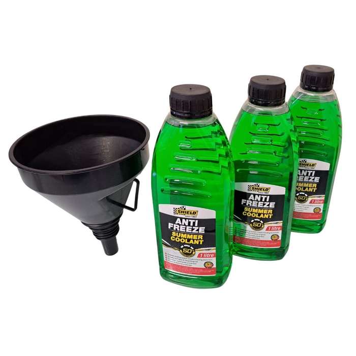 3 x Shield 50% Green 1L Anti-Freeze And Reusable Funnel