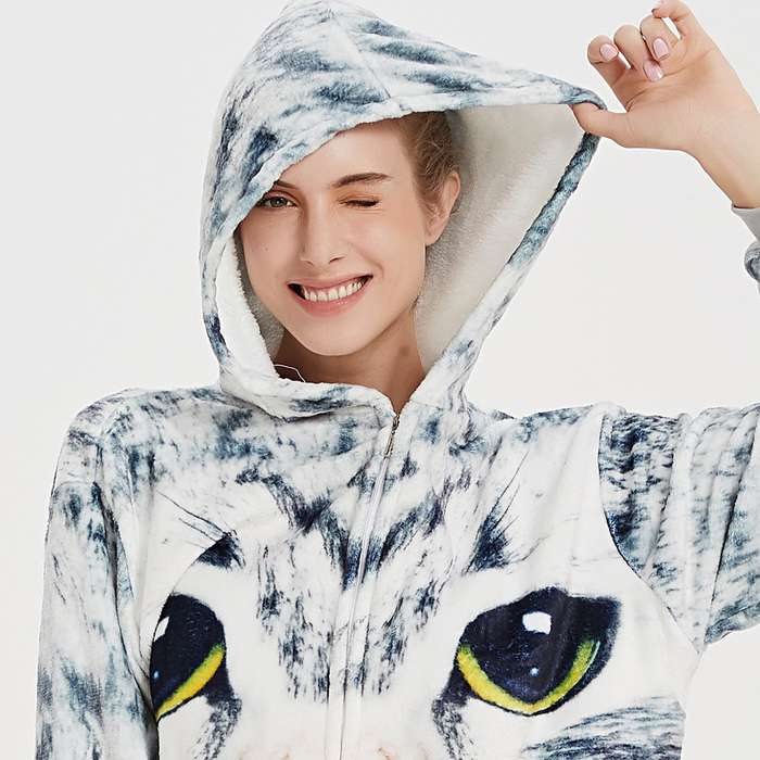 Adults Grey Kitty Print Onesie