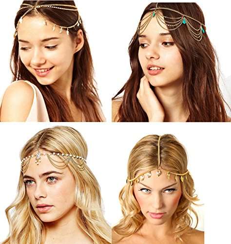 4 Pcs Gold Head Chain Gypsy Jewelry Bollywood Jewelry Head pieces for Women Gold Headpiece Arabia...