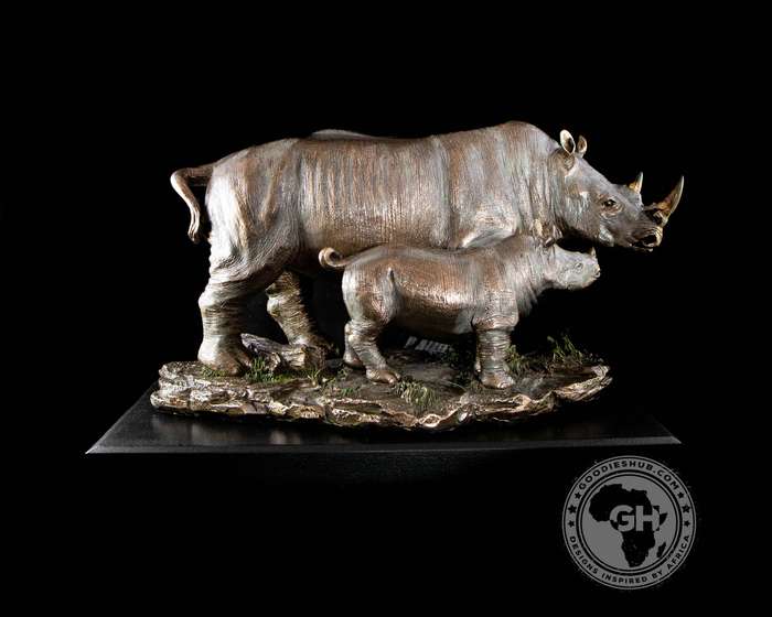 Rhino and Baby Bronzed Sculpture on Base - Faru