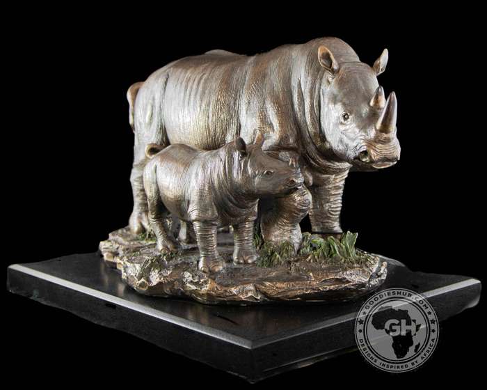 Rhino and Baby Bronzed Sculpture on Base - Faru