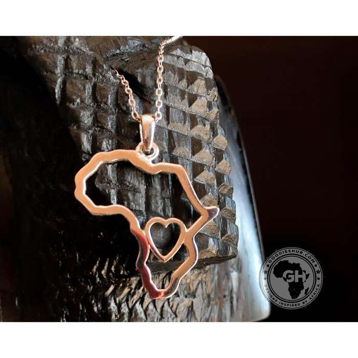 Africa Map Outline with Heart Detail Pendant Silver & Chain 45cm