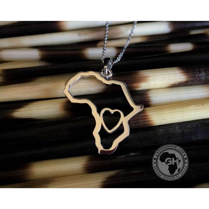 Africa Map Outline with Heart Detail Pendant Silver & Chain 45cm