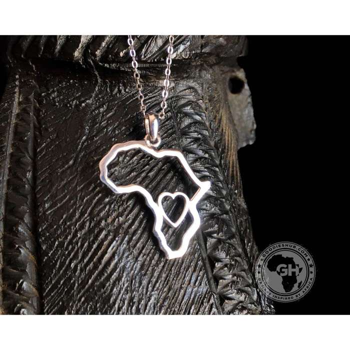 Africa Map Outline with Heart Detail Pendant Silver & Chain 45cm