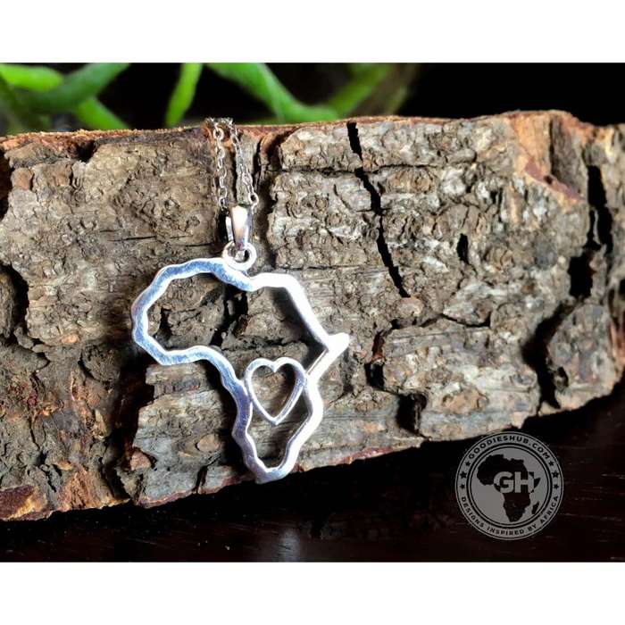 Africa Map Outline with Heart Detail Pendant Silver & Chain 45cm