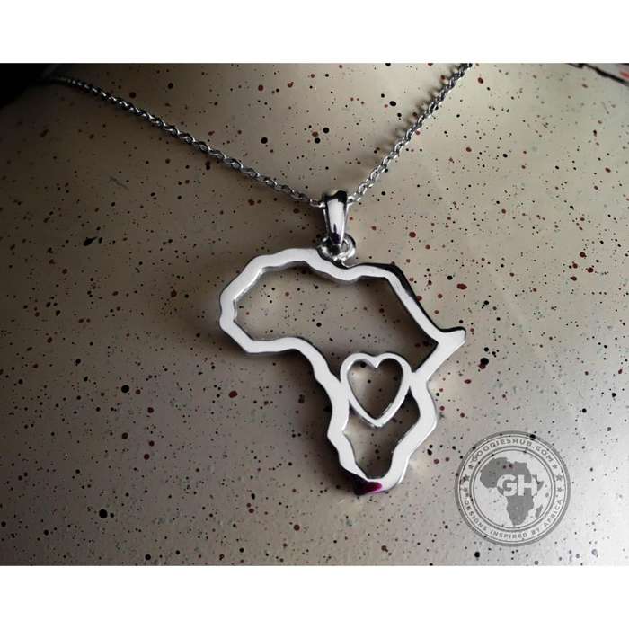 Africa Map Outline with Heart Detail Pendant Silver & Chain 45cm
