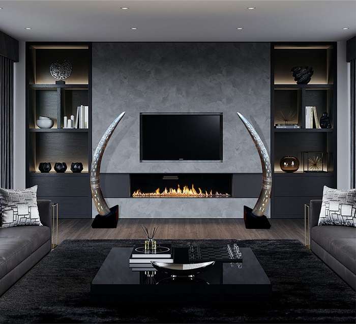 Elephant Aluminium Tusk Pair with Ostrich Eggshell inlay . Mounted on Black wood Stands