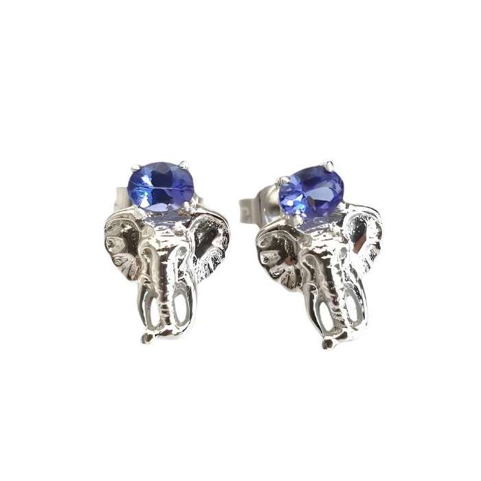 Africa Elephant Head and Tanzanite Earrings Silver