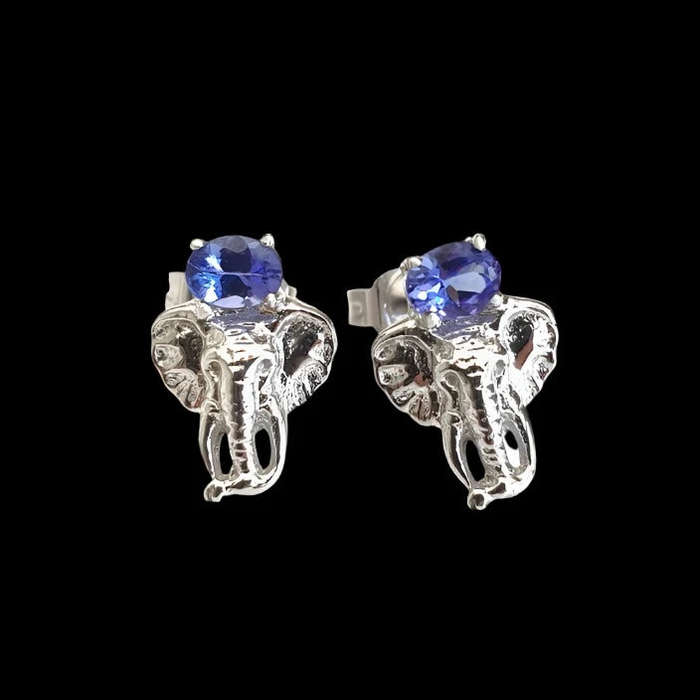 Africa Elephant Head and Tanzanite Earrings Silver