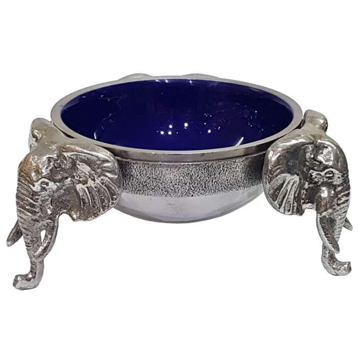 3 Elephant Round Snack Bowl BLUE - Lamu Aluminium Baked Enamel Tableware