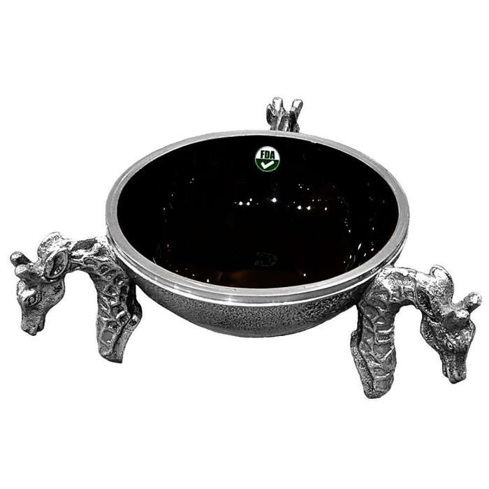 3 Giraffe Round Snack Bowl BLACK - Lamu Aluminium Baked Enamel Tableware