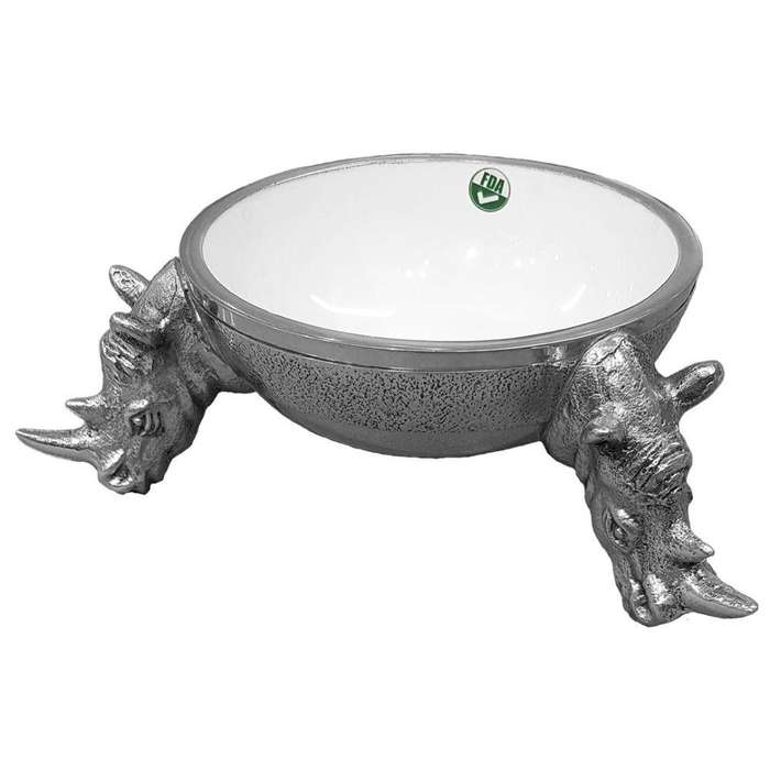 3 Rhino Round Snack Bowl WHITE - Lamu Aluminium Baked Enamel Tableware