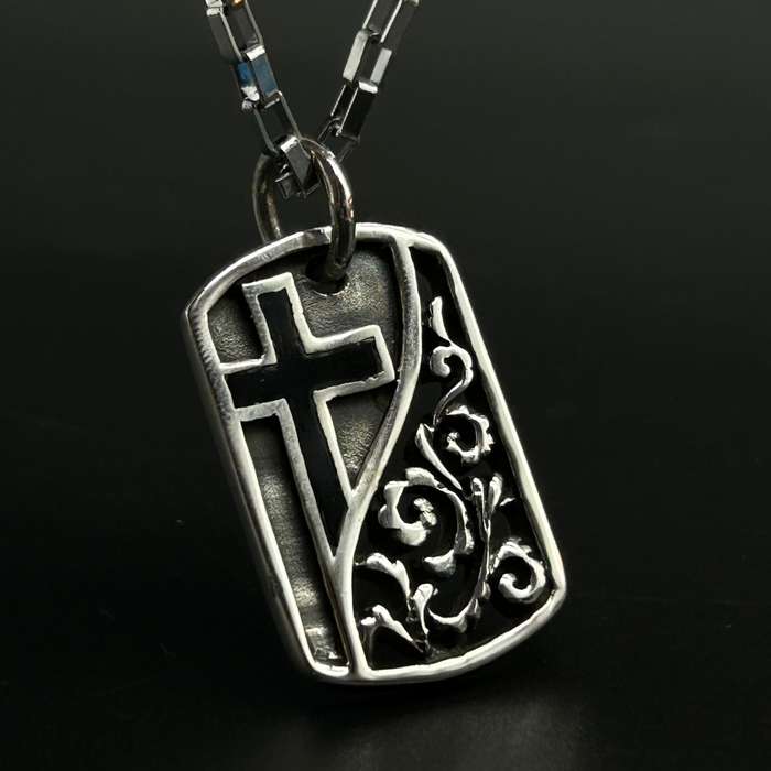 Mens Fern Cross Sterling Silver Pendant