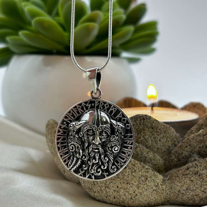 Mens Sterling Silver Pendant - Runes & A Viking Warlord
