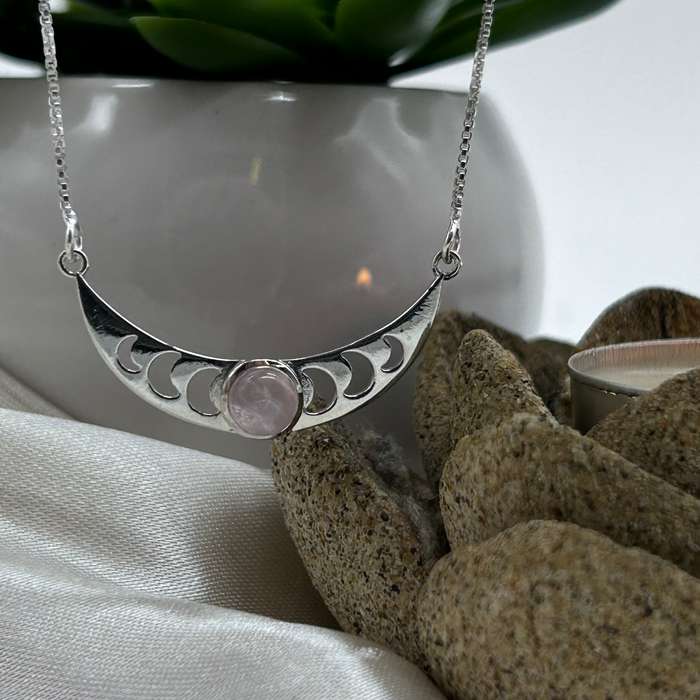 Moon Phase Sterling Silver Necklace With Rose Quartz