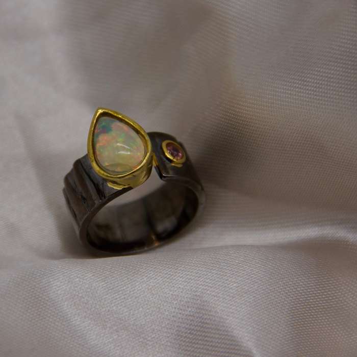 Ethiopian Opal Sterling Silver Rhodium Ring