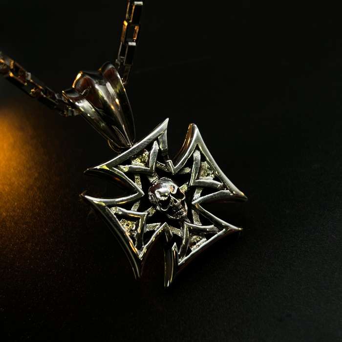 Mens Skull Iron Cross Sterling Silver Pendant